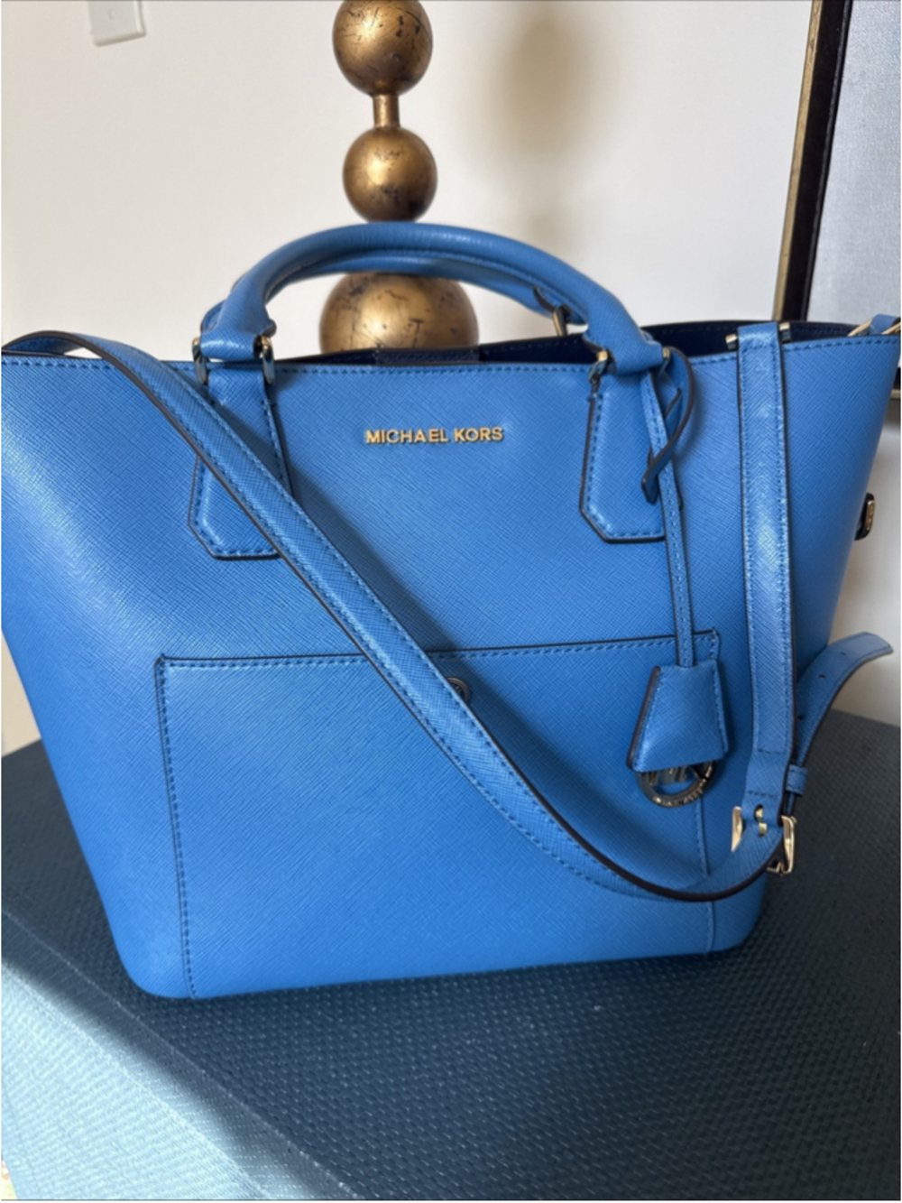 Michael Kors Greenwich Large Saffiano Leather Grab Bag Blue Gold Hardware